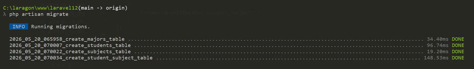 Hasil php artisan migrate